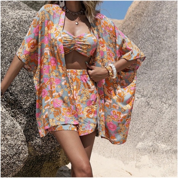 045 Boho Paisley Print Shorts Cover up Set - Picture 5 of 7